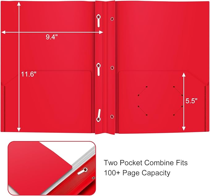 ViVin 12-Pack Sturdy Plastic Folders with Pockets, 2-Pocket Poly File, Plastic Folders with 3 Prongs Fasteners, fits 8.5 * 11 Letter Size Sheets, for School/Home/Office (Red)