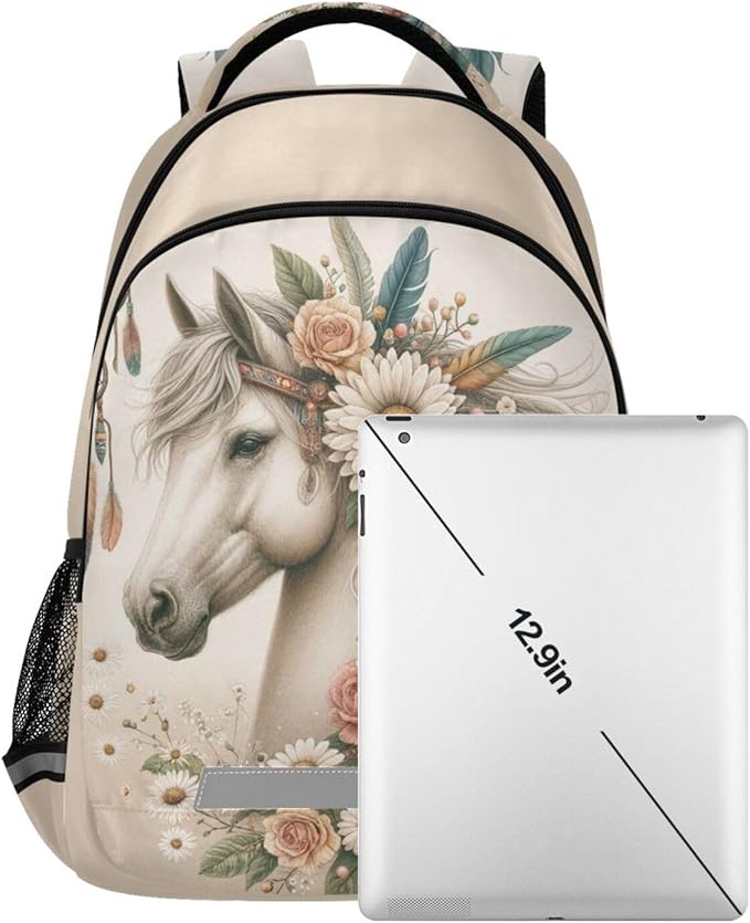 Horse Backpack for Students Boys Girls Horse Flowers Feathers School Bag Travel Daypack Rucksack