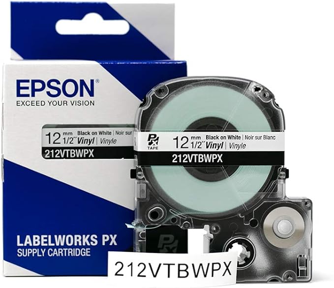 Epson LABELWORKS 212VTBWPX Genuine Tape Cartridge - Black on White Flexible and Durable Vinyl Industrial Label Maker Tape - 1/2" (12MM) Wide, 22.9 ft