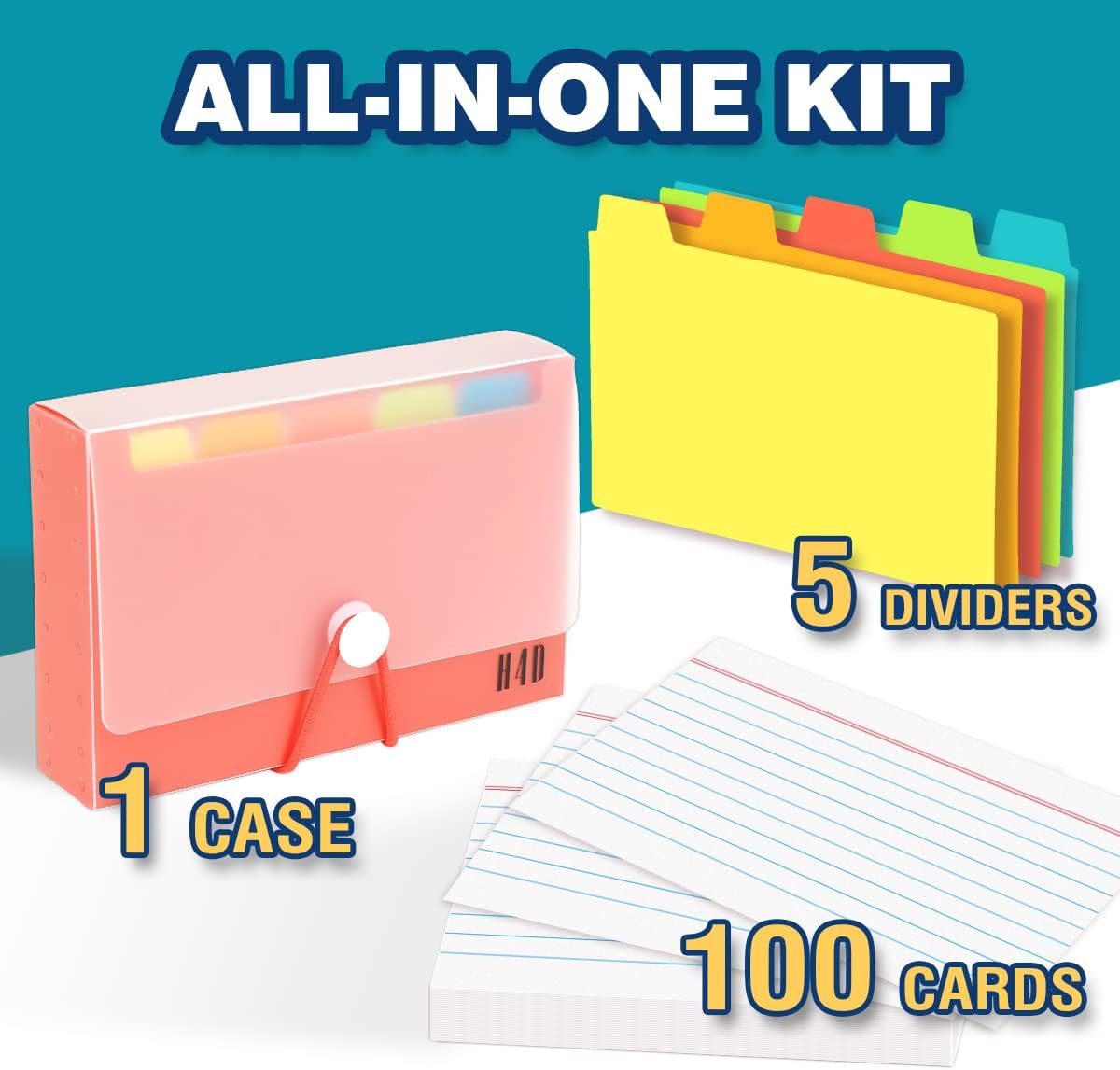 H4D 3x5 Index Card Case with 100 Heavyweight Ruled Index Cards and Dividers, Red