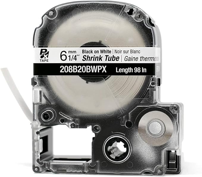 Epson LABELWORKS 208B20BWPX Genuine Tape Cartridge - Black on White Shrink Tube Industrial Label Maker Tape - AWG 6-18, 1/4" (6MM) Wide, 8 ft (98")