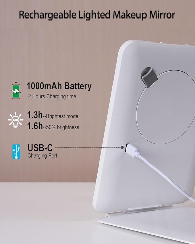 Rechargeable Travel Makeup Mirror with Lights, Portable Lighted Regular Mirror with Small 10X Magnification, 70 LEDs 3 Color Dimmable, Tabletop Folding Compact Cosmetic Mirror