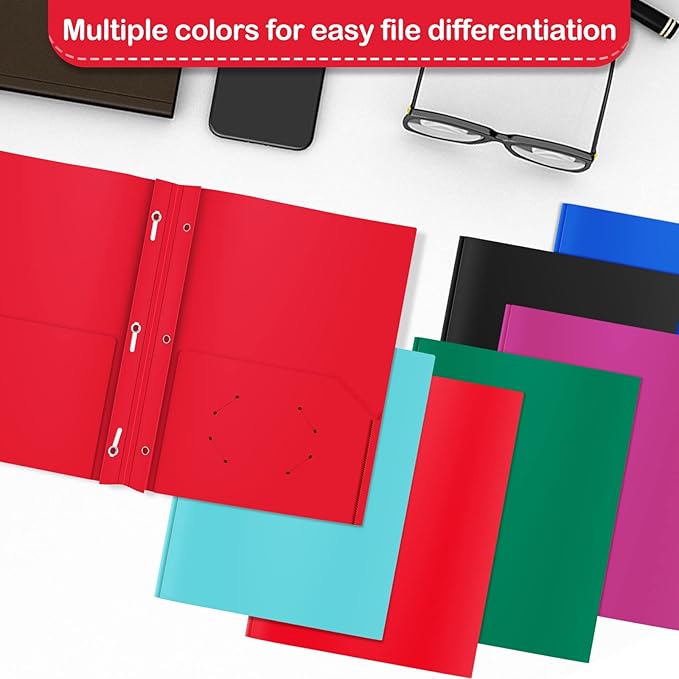 ViVin 12-Pack Sturdy Plastic Folders with Pockets, 2-Pocket Poly File, Plastic Folders with 3 Prongs Fasteners, fits 8.5 * 11 Letter Size Sheets, for School/Home/Office (Red)