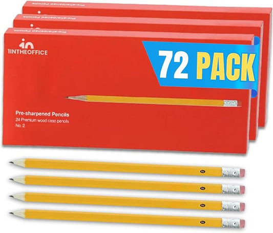 1InTheOffice Pre Sharpened Pencils #2, Pencils with Eraser, 2 HB, Wood-Cased, Black Lead, Yellow Barrel (72)