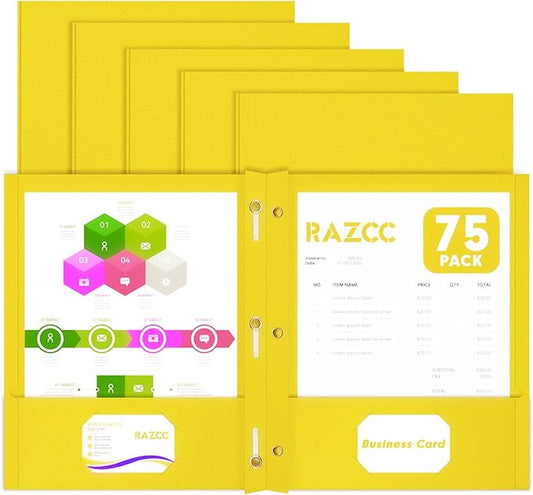 Two Pocket Folders, RAZCC 75 Pack Two Pocket Folders with Prongs, 3 Prong Folders Fit Letter Size Paper, Pocket File Folders for School Office Home Business, Yellow