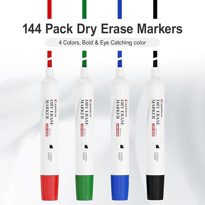 Comix Dry Erase Markers, 4 Assorted Colors, 4 Sets of 36 Markers, 144 Markers Total, Chisel Tip Whiteboard Makrers for Teachers Office & School Supplies