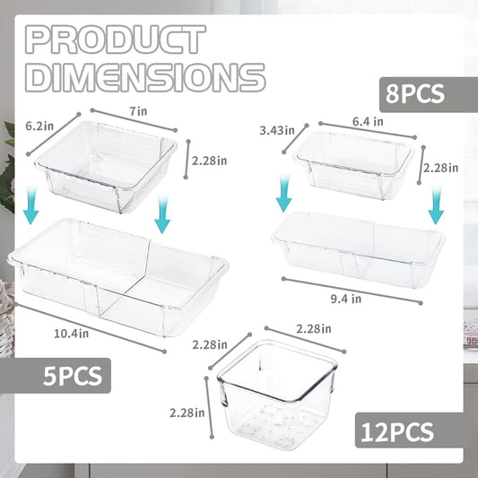 25 PCS Adjustable Desk Drawer Organizer, Acrylic Clear Drawer Organizers, 3 Size Desk Drawer Organizer for Cosmetics, Jewellery, Office, Gadgets, Kitchenware