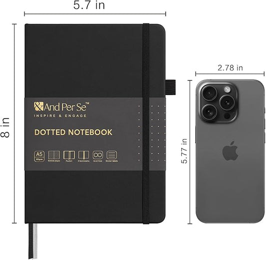 &And Per Se Dotted Journal Notebook, A5 Hardcover Leather Bullet Dotted Journal, 160 Pages 100 gsm Thick Dotted Paper，3 Sheets of Stickers Included (Black)