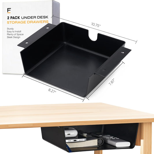2 Pack Under Desk Hanging Shelf Drawer Organizer, Attachable Plastic Hidden Storage Tray, Easy Adhesive Mount Holder for Standing Tables, Office, Counters, Cabinets, Workstations - Black