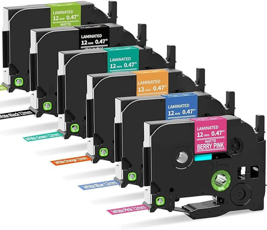 Colorty Replacement for Brother P-Touch Label Maker Tape TZe 12mm 0.47 Ribbon Laminated TZ Colored Refills Compatible with Brother P Touch PT-D210 D220 H110 1000 1280 D400 Cube, 1/2" x 26.2', 6 Pack