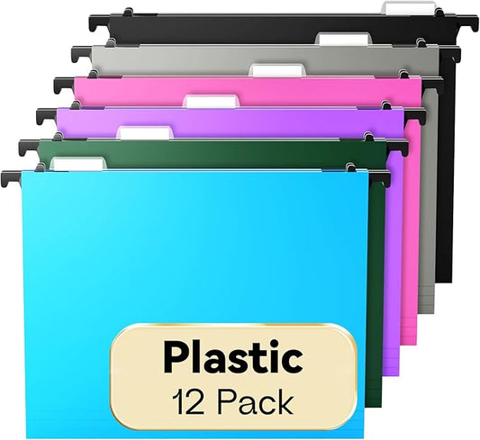Plastic Hanging File Folder Assorted Colors,Letter Size,12 Pack Reinforced Heavy Duty Hang Folders,Sturdy File Cabinet Folders,Hanging File Folders with Tabs,for Home and Office File/Documents