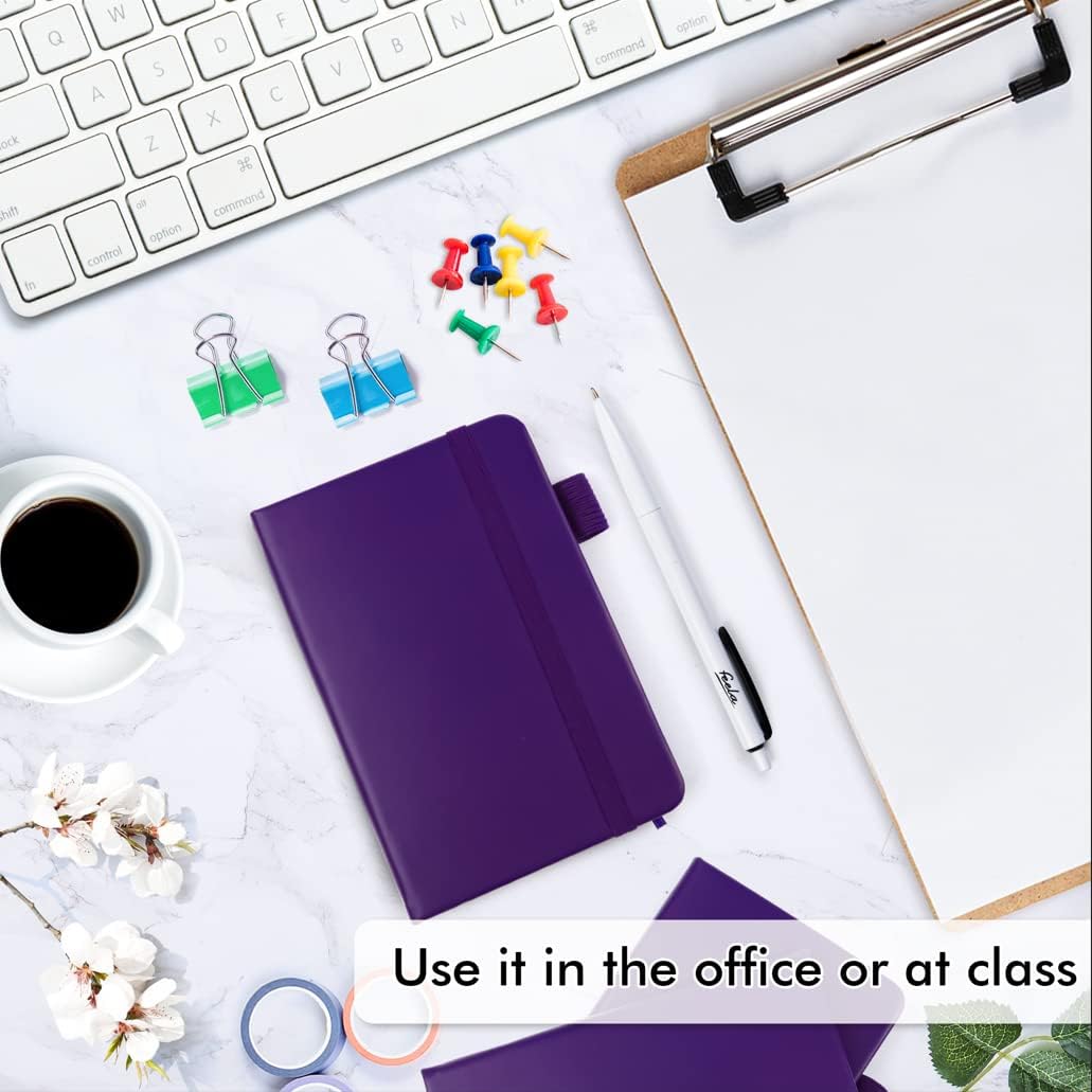 feela 3 Pack Pocket Notebook Journals, Mini Cute Small Journal Notebook Bulk Hardcover College Ruled Notepad with Pen Holder for Office School Supplies, with 3 Black Pens, 3.5”x 5.5”, A6, Purple
