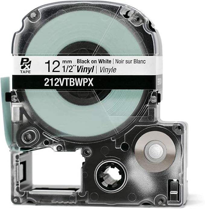 Epson LABELWORKS 212VTBWPX Genuine Tape Cartridge - Black on White Flexible and Durable Vinyl Industrial Label Maker Tape - 1/2" (12MM) Wide, 22.9 ft