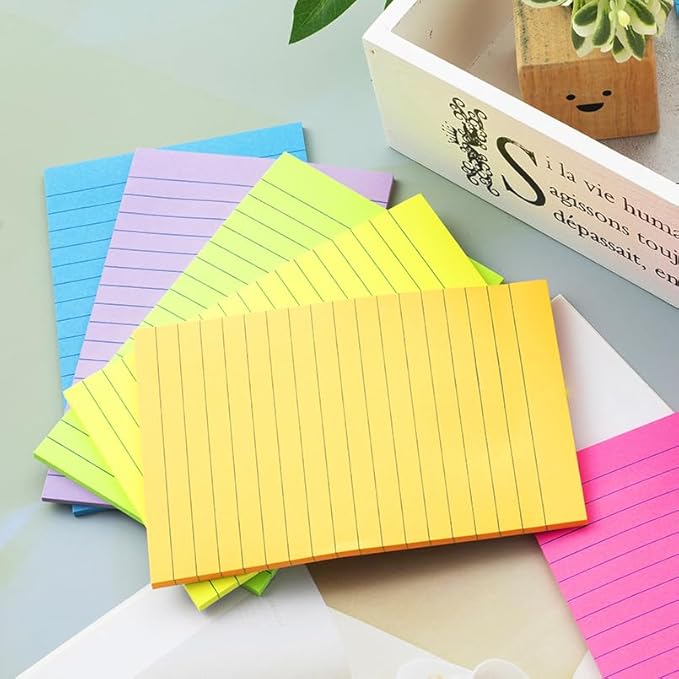 (6 Pack) Lined Sticky Notes 4x6 in Ruled Stickies Super Sticking Power Memo Pads Bright Colors