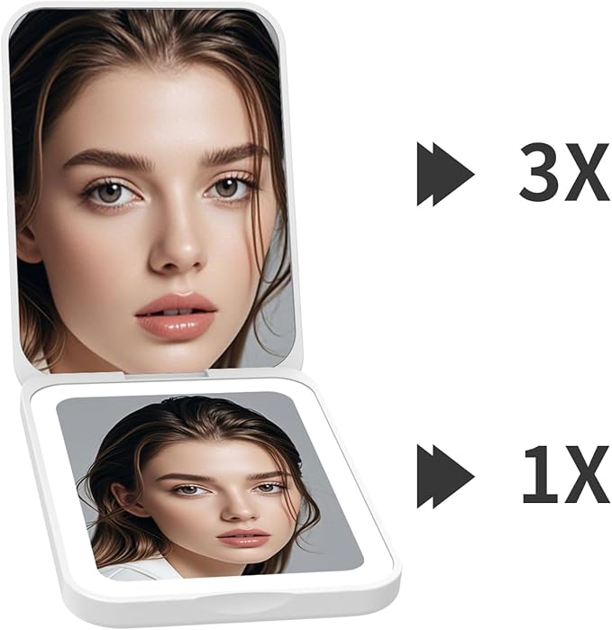 Kintion 2025 Pocket Mirror, Rechargeable Dimmable 3 Color Lighting 1X/3X LED Compact Travel Makeup Mirror for Purse, Portable, Folding, Handheld, Small Lighted Mirror for Women Gift, White