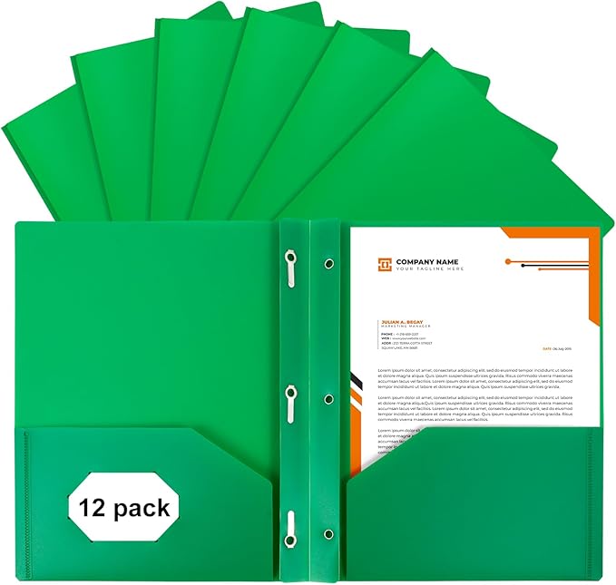 2-Pocket Folders with 3 Prongs,12-Pack Plastic Folders with Pockets and Prong Holds Letter Size Paper, Plastic Pockets Folder for School, Office and Home, Green