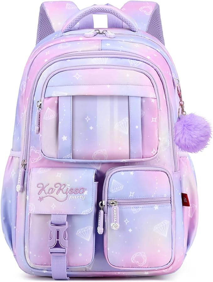 Lanola Girls Backpack, Kawaii Cute Kids Backpack for Teen Students Lightweight Water Resistant BookBag for Elementary Primary School - Purple