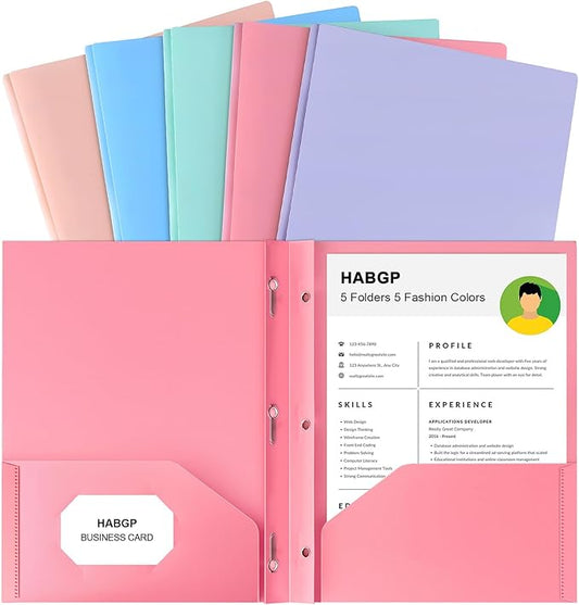HABGP Two Pocket Folder With Prongs (5 Pack, Pastel Colors), Plastic Folders With Pockets and Business Card Holder, Fit Letter Size, for Organizing Papers in School, Office & Business