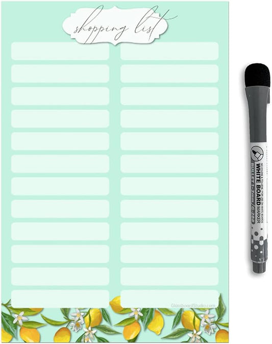 Dry Erase Shopping List Vinyl Sticker Decal Whiteboard by Glassboard Studio | Removable & Reusable | Magnetic Fine-Tip Marker Included (6 x 9 inches, Vintage Lemon)