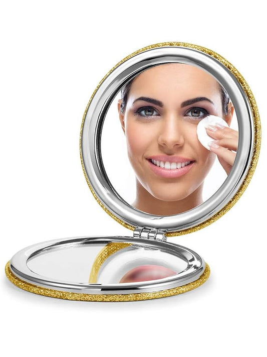 OMIRO 1X/10X Magnifying Compact Mirror with PU Leather, Ultra-Portable for Purses and Travel, Round Gold