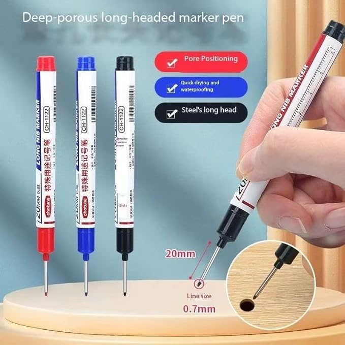 Long Head Deep Hole Marker, 20mm/30mm/45mm head deep hole marker 2025 Upgrade, Permanent, Quick-dry, Waterproof Long Nib, Colorful Carpenter Deep Reach Markers, 4 Color Set (20MM LONG HEAD)