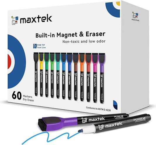 maxtek 60 Count Magnetic Dry Erase Markers, Fine Tip, 12 Colors, Low Odor Whiteboard Markers with Built-in Eraser