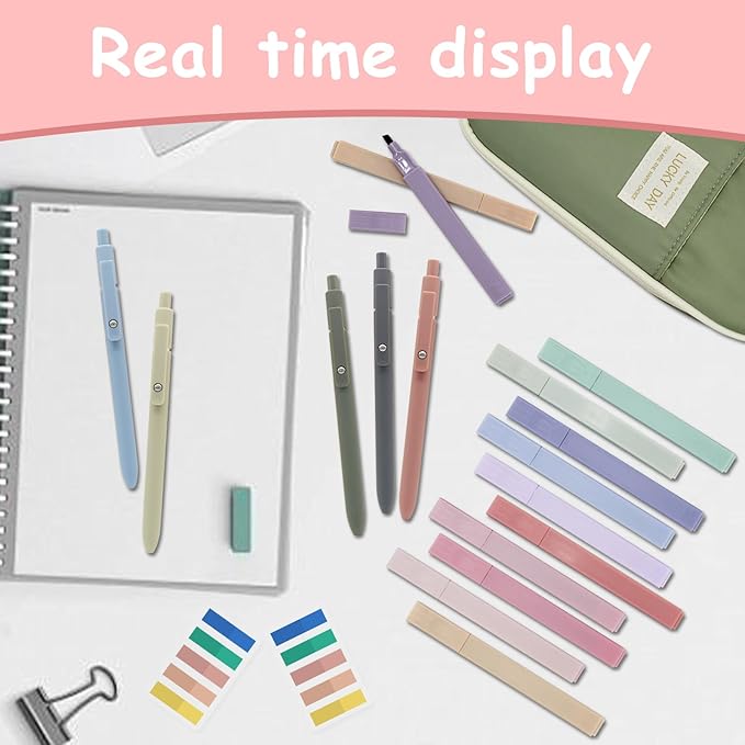 20Pcs Aesthetic Stationary Set with Big Capacity Pen Case Bag 5 Quick Dry Retractable Black Ink Pens12 Colors Chisel Tip Cute Highlighters 200 Sheets Sticky Index Tabs Aesthetic School Supplies