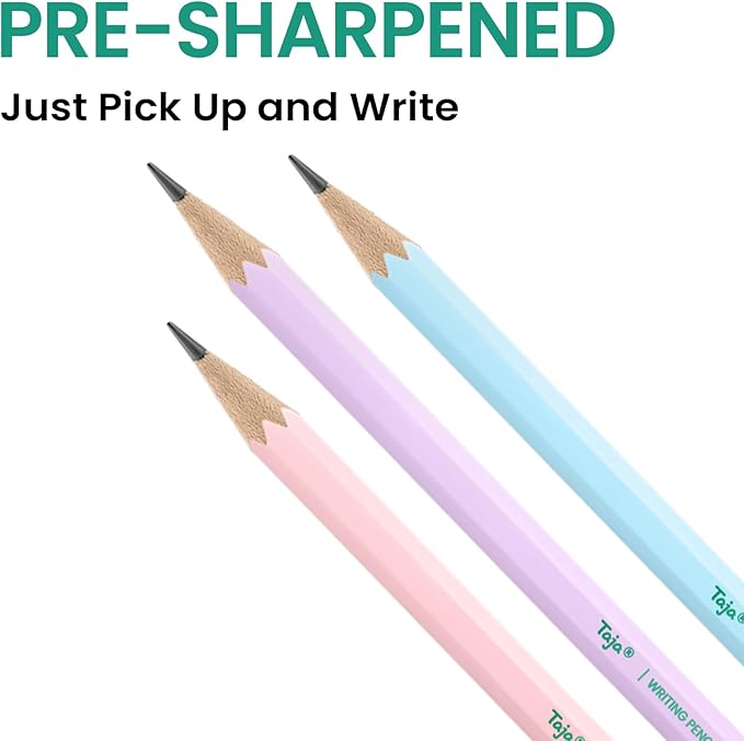 Taja 50 Pack #2 HB Wood-Cased Pencils, Pre-Sharpened with Top Erasers, Bulk Pastel Pencils for School & Classroom