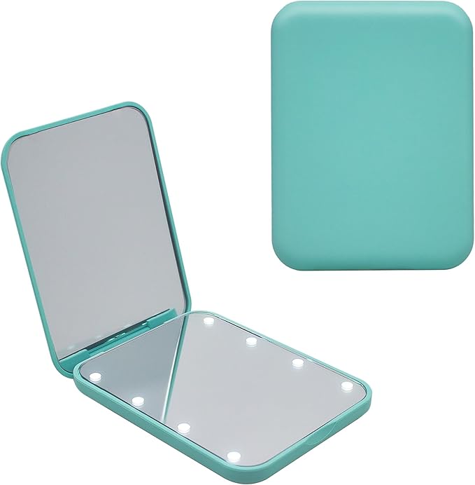 Portable LED Compact Travel Pocket Small Mirror with Light- 2-Sided 1X/3X Magnification, Folding Design, Handheld Mini Light-Up Mirror for Purse in Green.