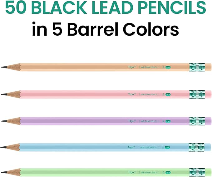 Taja 50 Pack #2 HB Wood-Cased Pencils, Pre-Sharpened with Top Erasers, Bulk Pastel Pencils for School & Classroom
