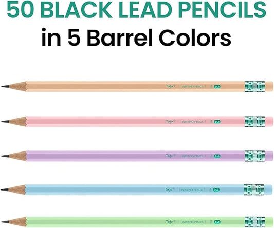 Taja 50 Pack #2 HB Wood-Cased Pencils, Pre-Sharpened with Top Erasers, Bulk Pastel Pencils for School & Classroom