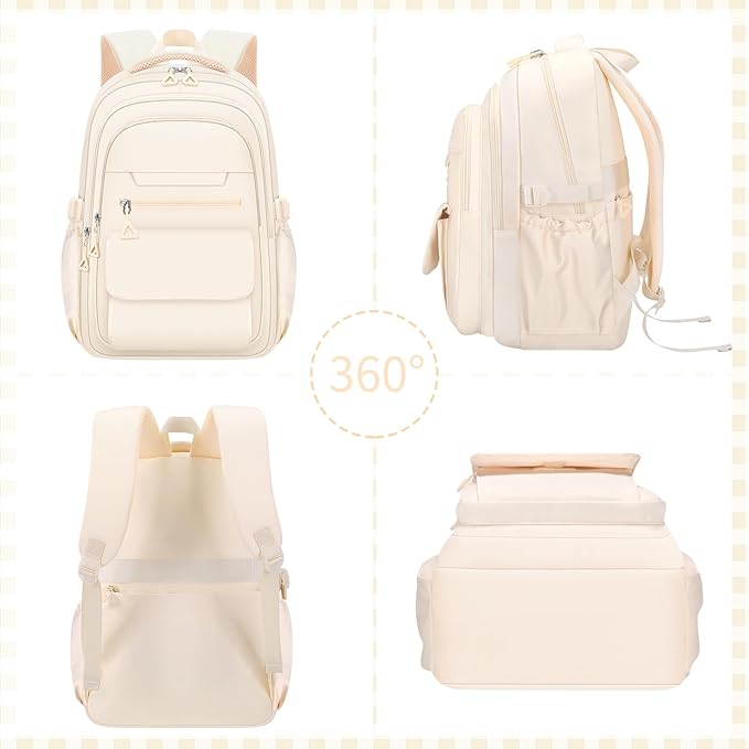 Cute Backpack for School Teen Girls Beige Bookbag Aesthetic Womens Travel Book Bags for School Kids Student Back Packs