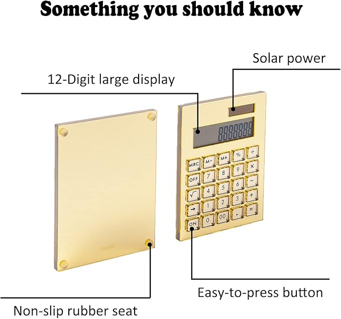 Calculator Gold Mirror, Solar Power Acrylic Slim Calculator with Large LCD Display and Stand, 12 Digits Handheld Desktop Calculator for Office, School, Financial Accounting Business
