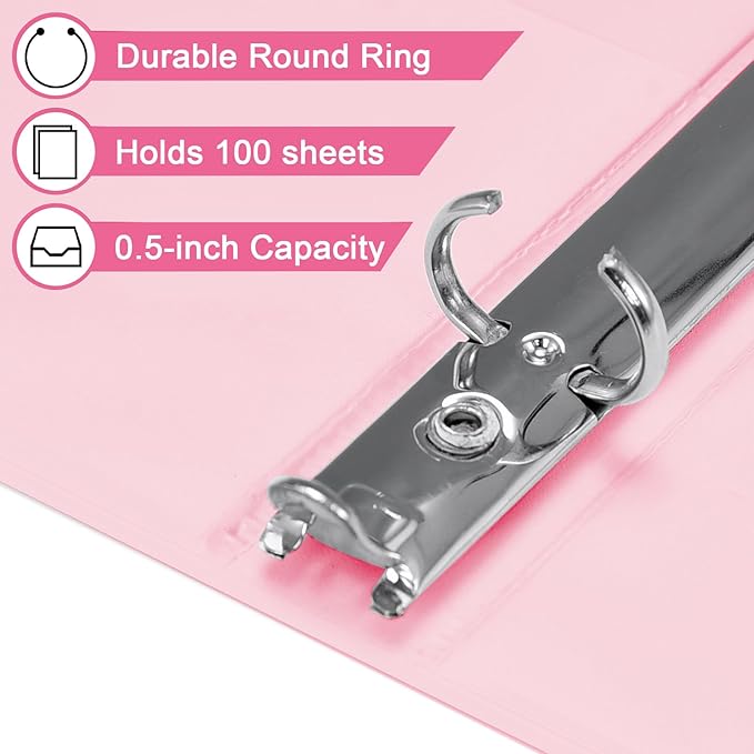0.5-inch 3-Ring Binder with 2 Interior Pockets, 0.5'' Basic Binders Holds US Letter Size 8.5'' x 11''for Office/Home/Back to School, 6 Pack (Pink)
