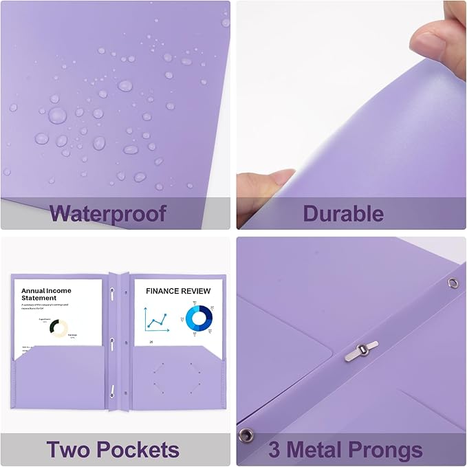 ViVin 12 Pack Heaty Duty Plastic Folders, 2 Pocket Poly File Plastics Folders with 3-Prong Fasteners, Pastel Color Plastic Folder for Letter Size Sheet, School Folder Kids Folder (Light Purple)