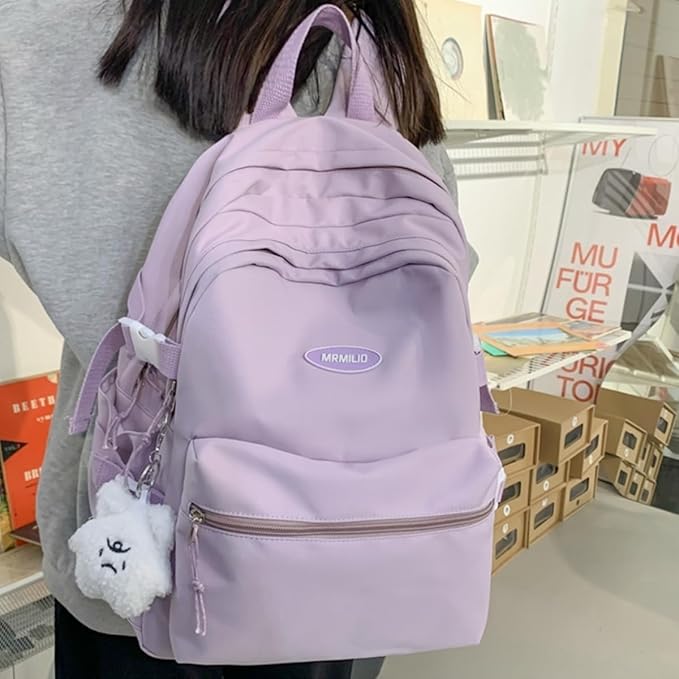 Kawaii Backpack with Cute Accessories Casual Aesthetic Daypack Simple Laptop Bag Waterproof Travel Rucksack for Women (purple)