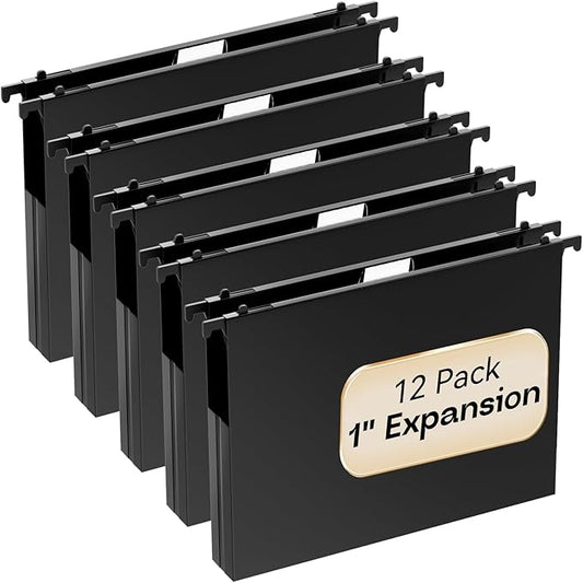 Plastic Extra Capacity Hanging File Folders Letter Size,1 Inch Expansion,12 Pack Reinforced Heavy Duty Hanging Folders,Expandable Hanging File Folder,Adjustable Tabs,for Bulky Files,Black