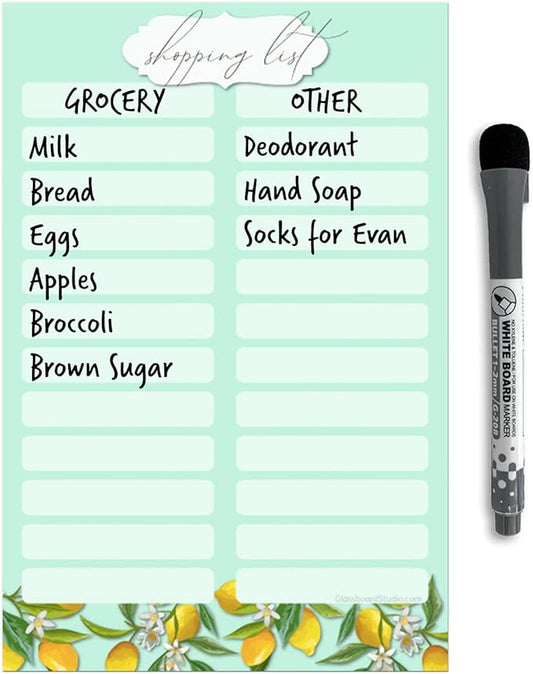 Dry Erase Shopping List Vinyl Sticker Decal Whiteboard by Glassboard Studio | Removable & Reusable | Magnetic Fine-Tip Marker Included (6 x 9 inches, Vintage Lemon)