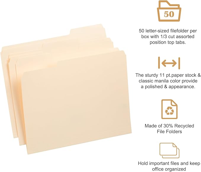 Manila File Folder, 1/3-Cut Tab, Letter Size, Manila Folders with Tab, 50 per Box