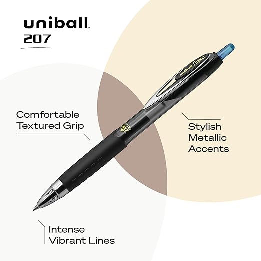 uni-ball 61256 207 Retractable Gel Pens, Micro Point (0.5mm), Blue, 12 Count