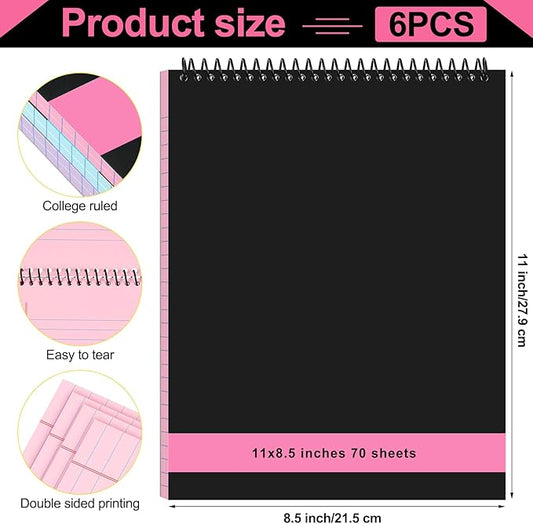 6 Pcs Legal Pad Top Spiral Bound Notebook 70 Sheets Wirebound Notepad Double Sided Ruled Memo Steno Book with Stiff Back Cover for Business(8.5 x 11 Inches,No Holes,3 Colors)