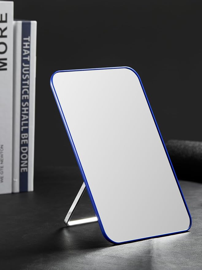 OMIRO Desk Makeup Mirror, 8 x 5 inches Table Mirror with Foldable Stand and Hanging Hole for Shaving and Travelling, Blue