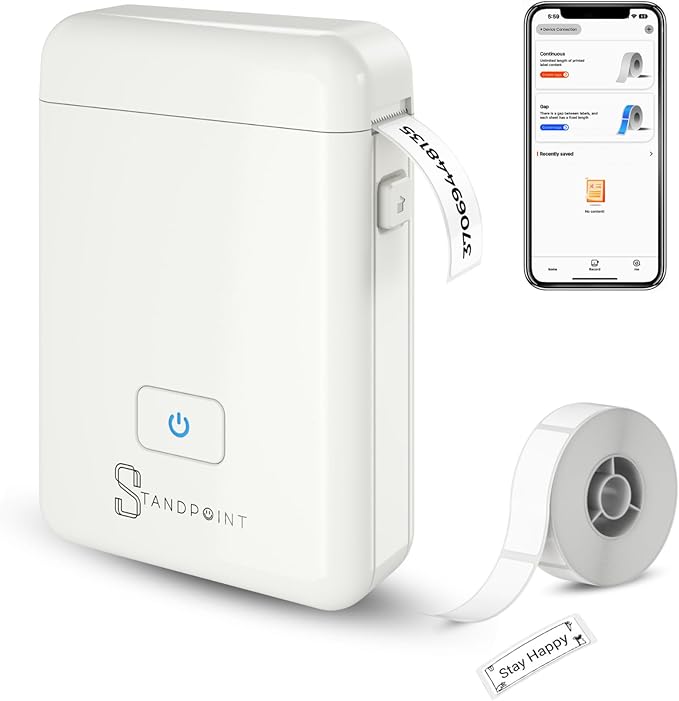 Standpoint Label Maker Machine with Tape: Portable Bluetooth Thermal Label Printer HP2 for Easy Organization - Wireless, Inkless, High-Resolution for Home and Office Supplies