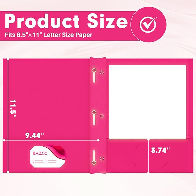 Two Pocket Folders, RAZCC 75 Pack Two Pocket Folders with Prongs, 3 Prong Folders Fit Letter Size Paper, Pocket File Folders for School Office Home Business, Magenta