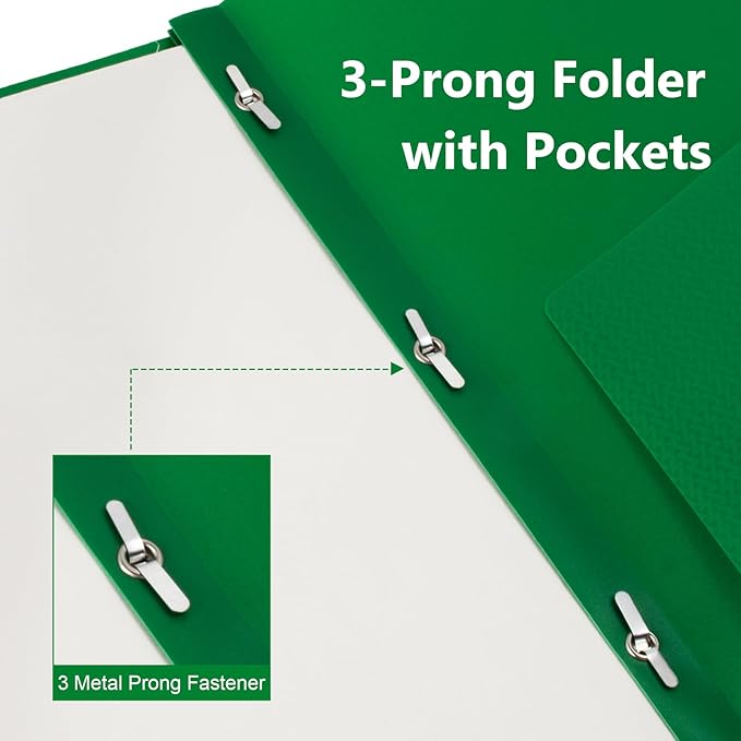 ViVin Sturdy Plastic Folder, 10 Pack, 2 Pocket Folder with Prongs, Holds 8.5 x 11 Letter Size Paper, 3 Prong Folders with Pockets, for School Office and Home - Green