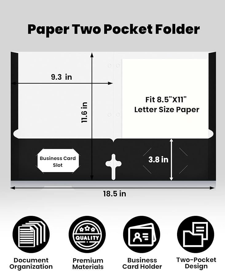 SUNEE Folders with Pockets 3 Hole Punched(50 Pack, Black), 2 Pocket Folders Fit Letter Size Paper, Paper File Folder for School Office Home Business