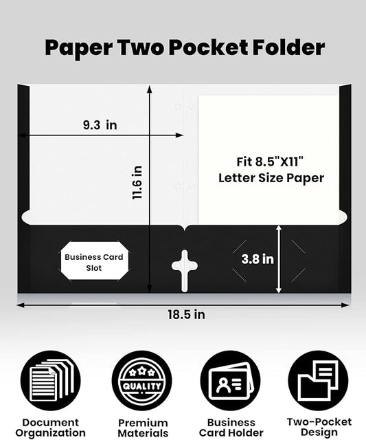 SUNEE Folders with Pockets 3 Hole Punched(50 Pack, Black), 2 Pocket Folders Fit Letter Size Paper, Paper File Folder for School Office Home Business