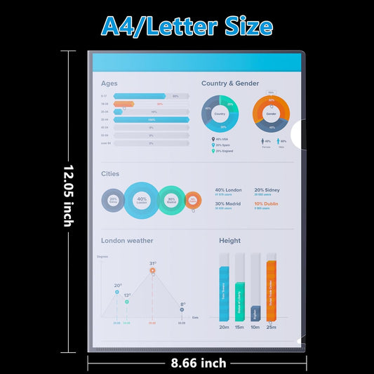 100 Pcs L-Type Plastic Folders for Documents, Clear File Folders Letter Size A4 Paper, Ideal for Home, Office Supplies, College Essentials