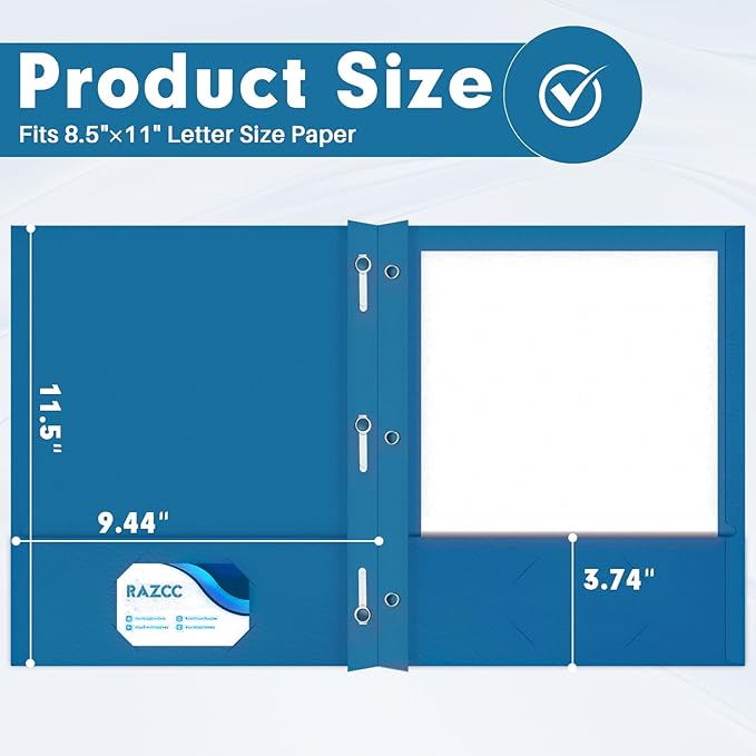 Two Pocket Folders, RAZCC 50 Pack Two Pocket Folders with Prongs, 3 Prong Folders Fit Letter Size Paper, Pocket File Folders for School Office Home Business, Dark Blue