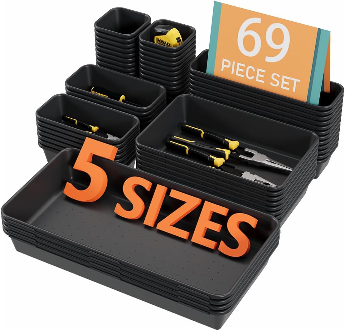 69PCS Large Plastic Interlocking Drawer Organizer, 5 Sizes Versatile Desk Drawer Organizer Trays, Drawer Dividers, Organization and Storage Bins for Tools,Office,Jewelries,Kitchen Utensils and Makeup